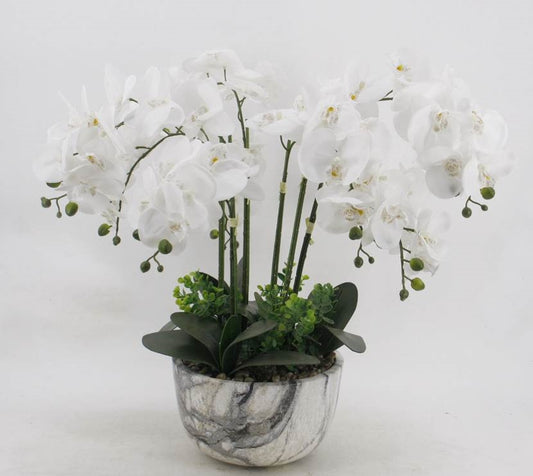 White Orchids In Marble Look Pot 64cm